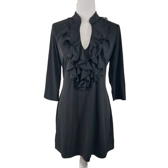 WHITE HOUSE BLACK MARKET! DRAPEY, DREAMY BLACK RUFFLED FRONT, 3/4 DRESS! SZ M - Picture 2 of 8
